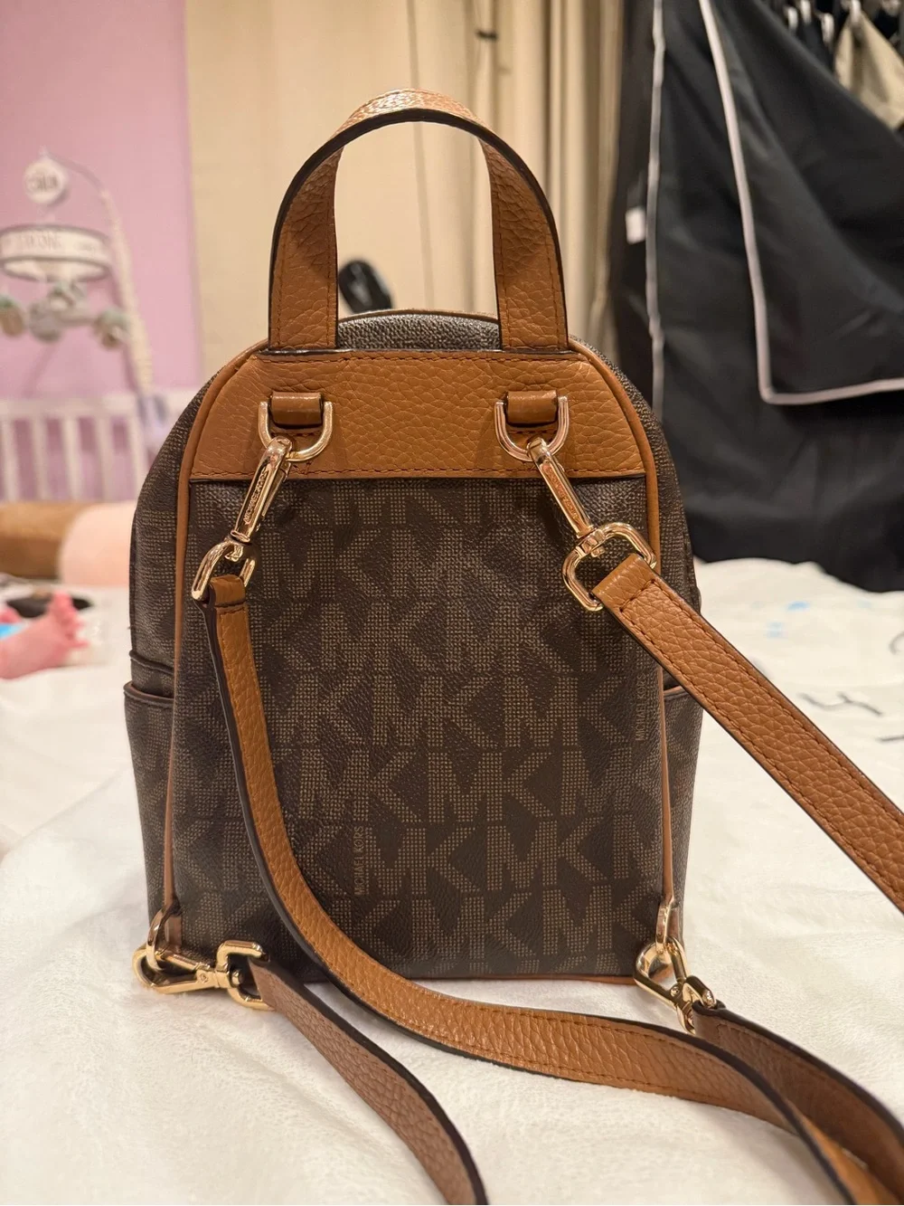 Michael Kors Brown and Tan MK Logo Mini Backpack